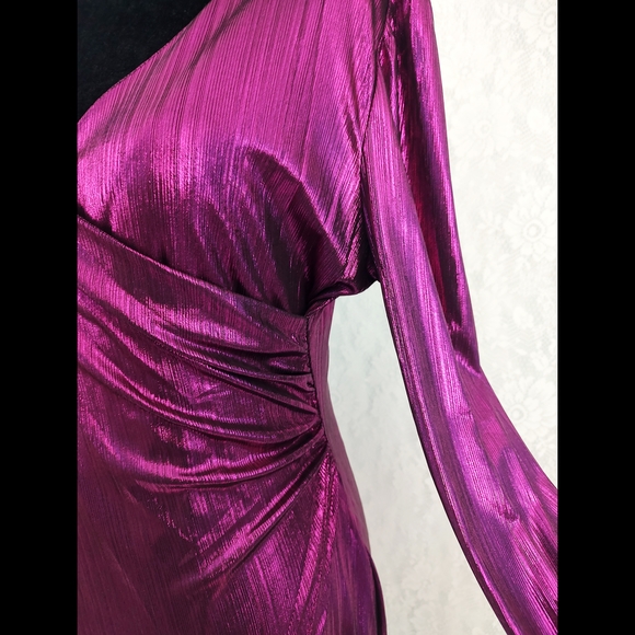Shiny Wrap Bodycon Long Sleeve Deep V-neck Mini Dress Purple - Picture 4 of 10